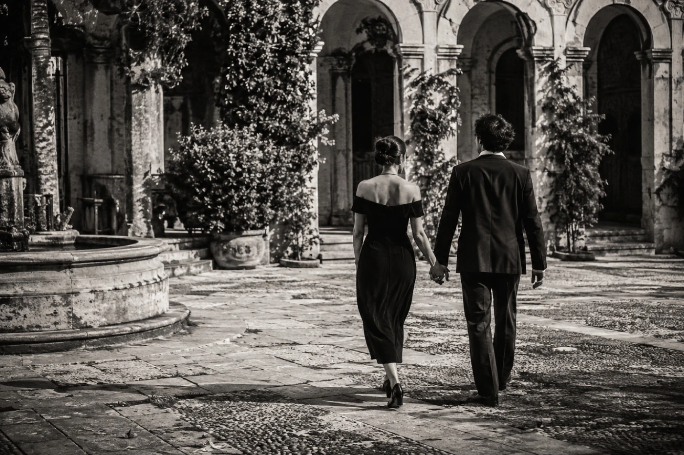 Pareja ficticia paseando de la mano por un patio antiguo